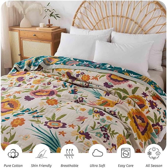 Qidordour Boho Throw Blanket, 60"x80" Muslin Blankets, 100% Organic Cotton Blanket for Couch Sofa, Lightweight Quilt, All Season Bed Throw, Farmhouse Home Decor, C-Phoenix Floral