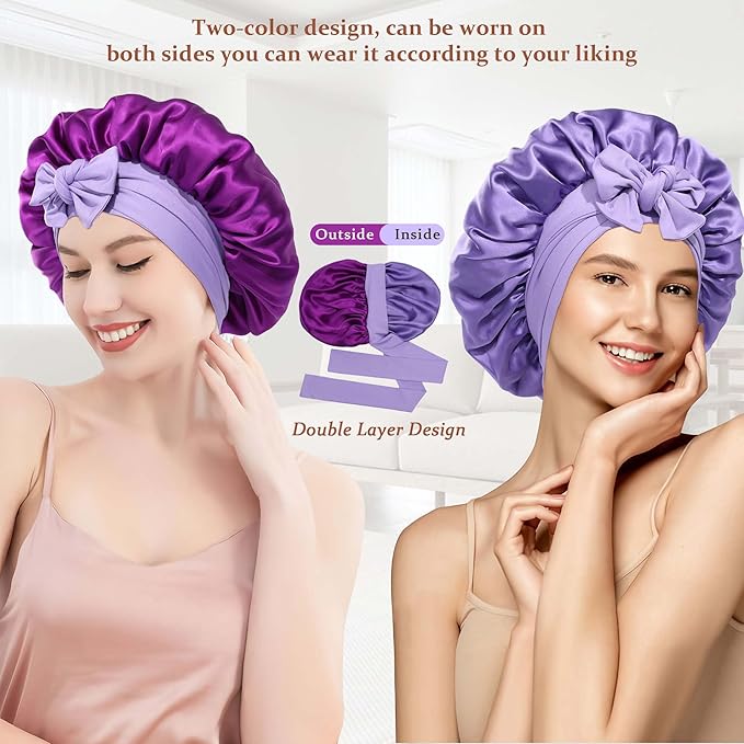 100% Mulberry Silk Bonnet for Sleeping Women Double Layer Silk Hair Bonnet Natural Silk Sleep Cap with Elastic Reversible Hair Wrap (Violet + Wisteria)