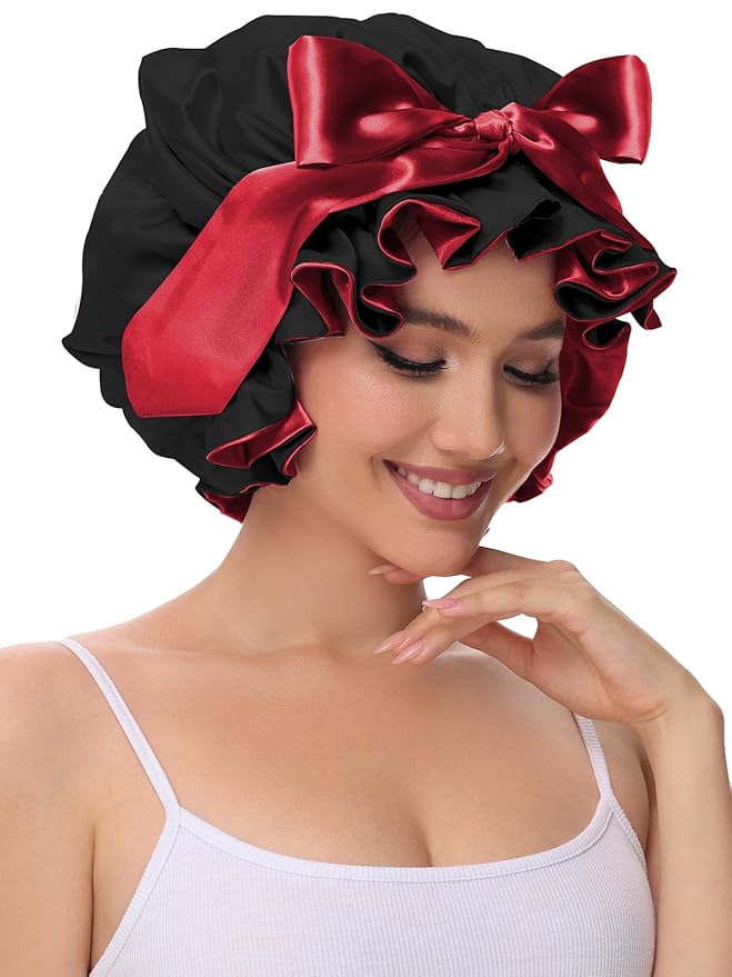 Hair Bonnet for Sleeping, Satin Silk Shower Cap Women 2025 with Tie Band and Adjustable Straps Head Wrap for Curly Hair Black F