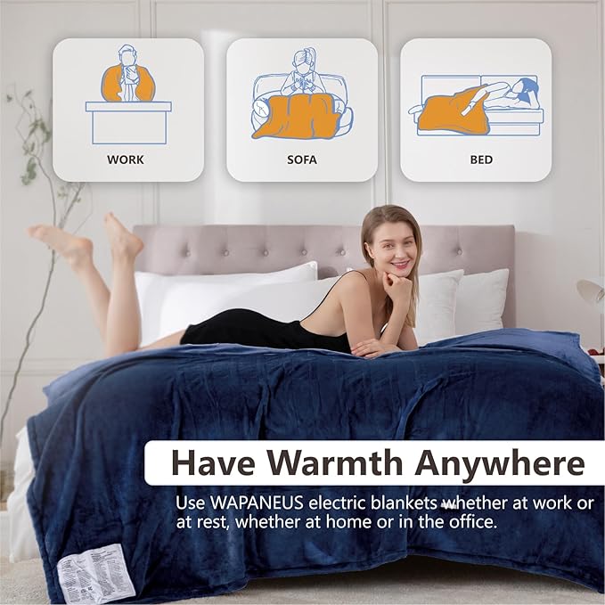 Wapaneus Heated Blanket Electric King Size 90"x100"-Dual Control with 10 Heat Levels 12 Timer Settings and 8 Hours Auto-Shut Off,Fast-Heating Electric Blanket,ETL Listed Machine Washable,Dark Blue