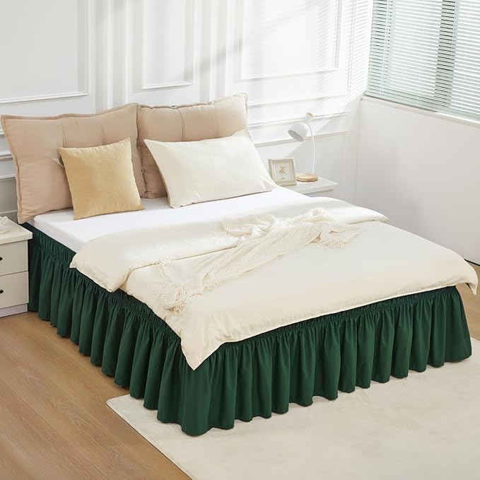 RIMELA Dark Green Bed Skirt King Size 15 Inch Drop, Elastic Wrap Around Bed Skirt King Dust Ruffle for Bed, Soft and Solid Fabric Bedding Bedskirt Machine Washable Easy to Install