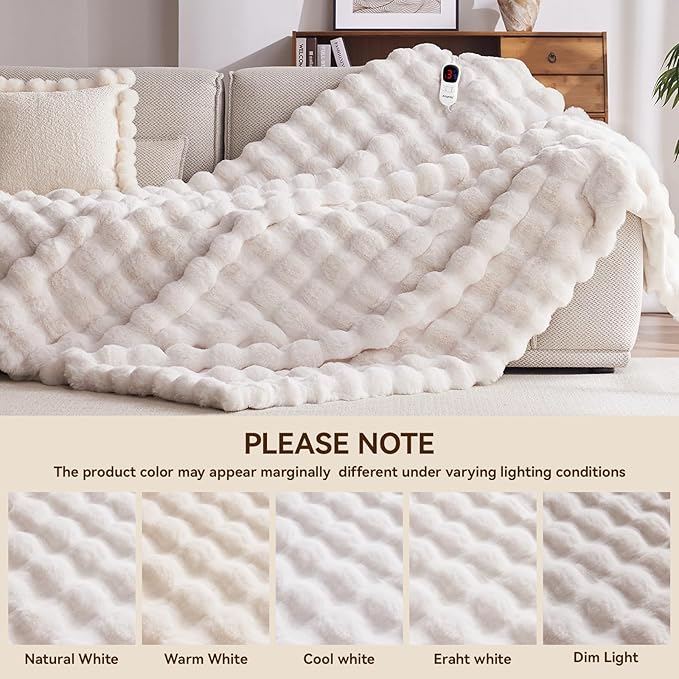 Heated Blanket Full Size with 1/2/4/6/8 Hours Auto-Off 10 Heat Level, 62'' * 84'' Cozy Faux Rabbit Fur Bubble Electric Blanket with Overheat Protection(White)
