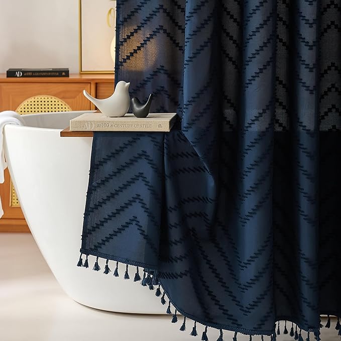 Extra Long Boho Navy Blue Shower Curtain, Woven Fabric Shower Curtain, Tufted Chevron Striped, 72 x 78, Modern Chic Textured Minimalist Bathroom Cloth Shower Curtains