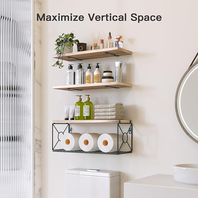 Amada Bathroom Shelves Over Toilet with Storage Basket, Floating Shelves Wall Shelves for Home Organization & Wall Decor, Bathroom/Kitchen/Living Room Shelves–Natural Wood