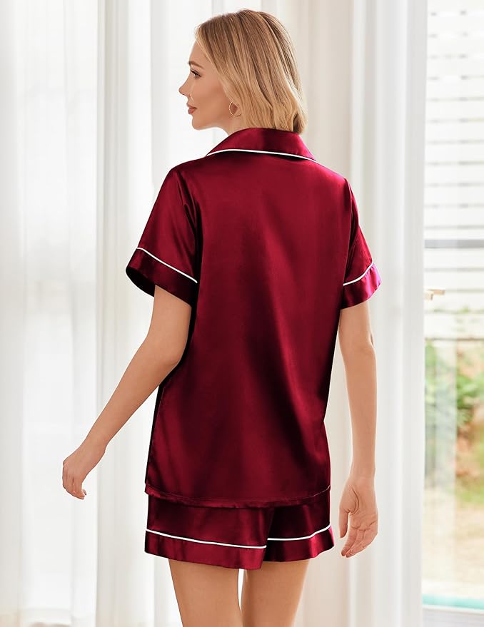 Ekouaer Womens Silk Satin Pajama Sets Soft Short Sleeve Button Down Sleepwear Top and Shorts 2 Piece Pjs Lounge Set