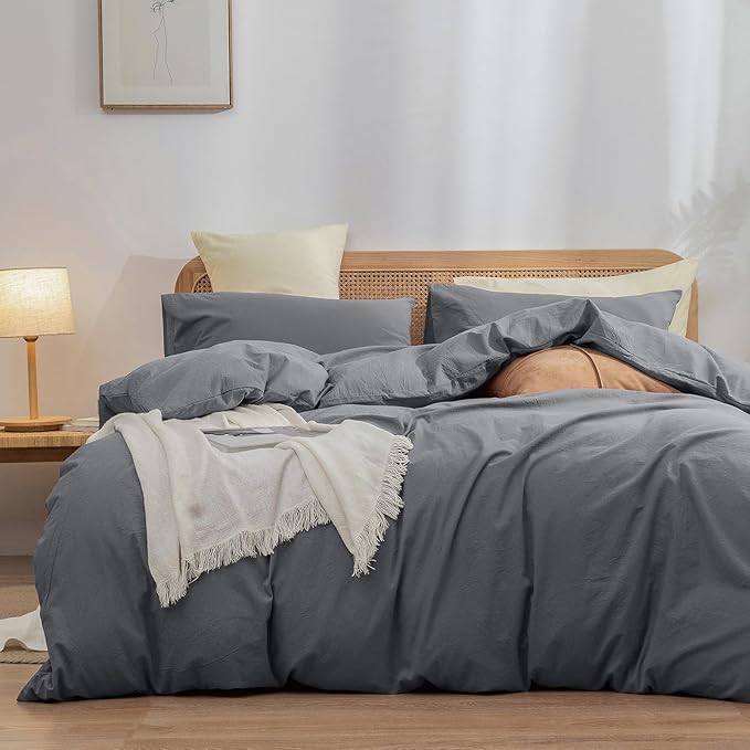 BESTOUCH Duvet Cover Set 100% Washed Cotton Linen Feel Super Soft Comfortable Chic Lightweight 3 PCs Home Bedding Set Solid Quiet Shade Grey Oversized Queen