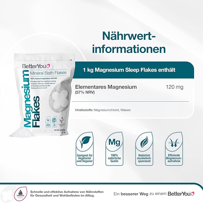 BetterYou Magnesium Mineral Bath Flakes - Mineral Bath Salts with Magnesium Chloride - Foot Bath or Body Bath Soak - Safe On Sensitive Skin - 2.3 lb