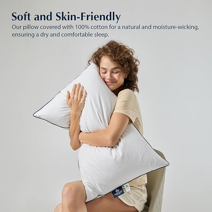 Pacific Coast Goose Feather and Down Bed Pillows Standard Size Set of 2, Hotel Pillow for Sleeping, Downproof, Soft, Fluffy, 100% Cotton Shell