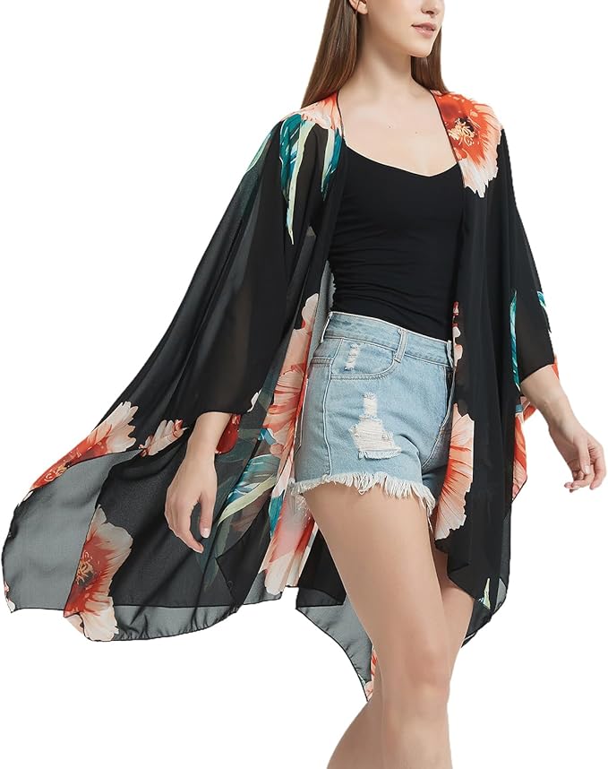 Women's Bohemian Floral Chiffon Beach Cover up Swimsuit Kimono Summer Swimwear Cardigans