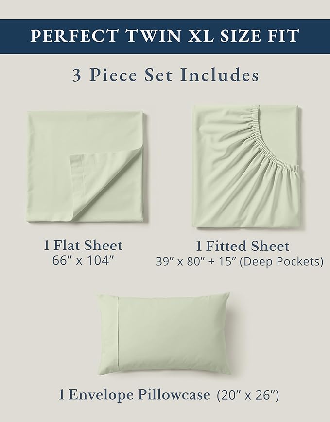 LANE LINEN 100% Mercerized Organic Cotton Twin XL Sheets Set, Soft & Comfy Percale Weave - Perfect for Hospital beds or Dorm Room, Luxury Hotel Like Sheets Twin XL Size Sheet Set - Mineral
