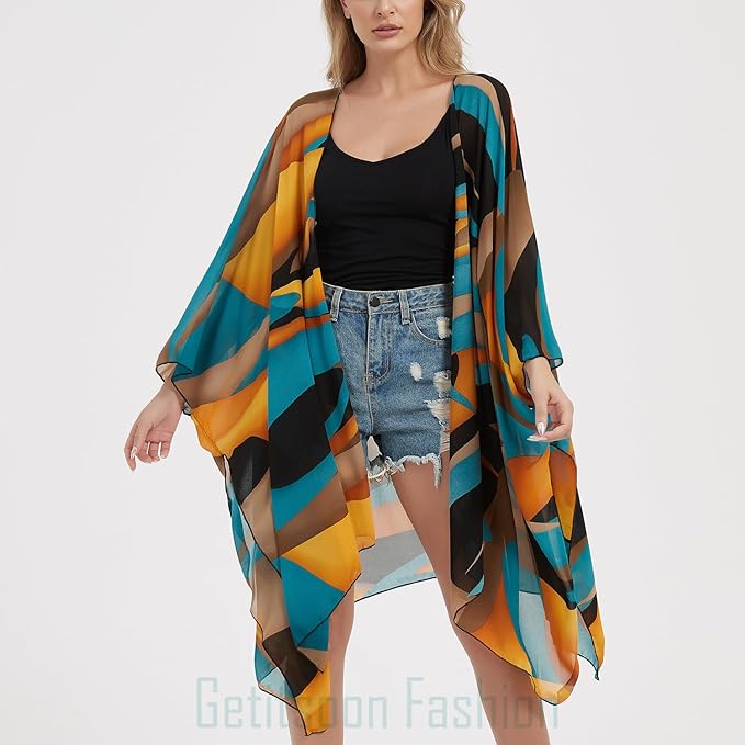 Women's Bohemian Floral Chiffon Beach Cover up Swimsuit Kimono Summer Swimwear Cardigans