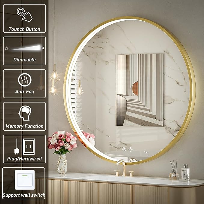 32" Round LED Bathroom Mirror, Dimmable Anti-Fog Vanity Mirror with Touch Control, 6000K Natural Light, Gold Metal Frame, Wall Mounted for Makeup Shaving (IP54, 90+ CRI)