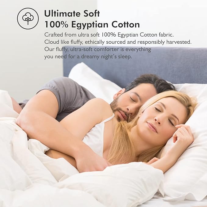 Luxurious Full Size Goose Down Fiber Waterfowl Feather Fiber Comforter Duvet, 100% Egyptian Cotton Cover, 45 oz. Fill Weight, Baffle Box Design, White Solid