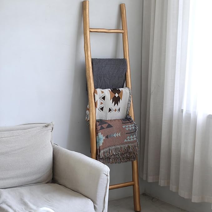 FUIN Fully Assembled 6ft Wood Blanket Ladder Living Room Decorative Wall Leaning Farmhouse Quilt Display Holder Rustic Wooden Towel Rack for Bathroom, Gold