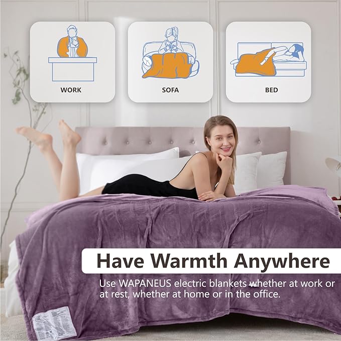 Wapaneus Electric Blanket 62”x84” Flannel Heated Blanket Twin Size with 5 Heating Settings 10 Hours Auto-Off, Fast-Heating, ETL Listed, Machine Washable, Purple