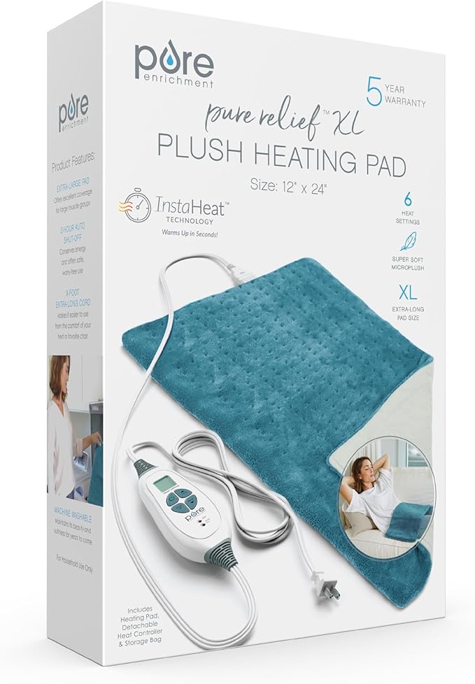 Pure Enrichment® PureRelief XL Heating Pad - 12" x 24" Electric Heating Pad for Back Pain & Cramps, 6 Heat Settings, Soft Machine Wash Fabric, Auto-Off & Moist Heat (Blue)