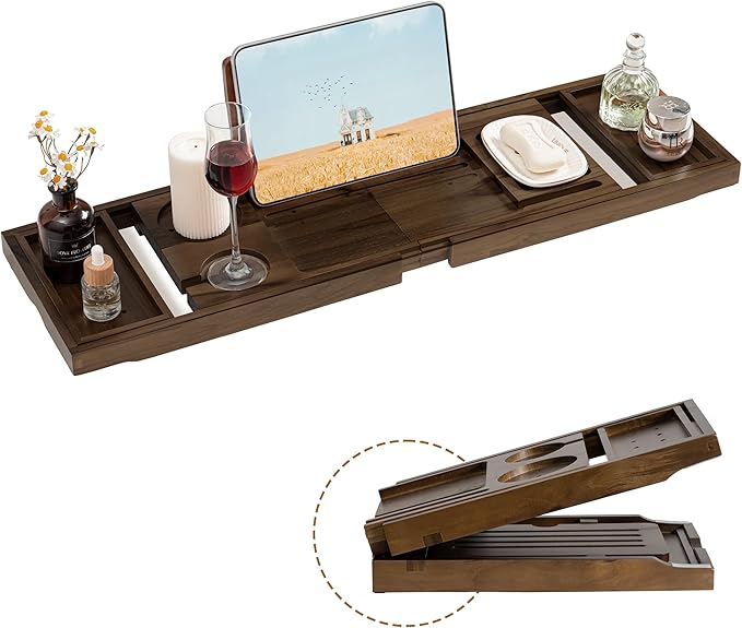 Teak Bathtub Tray Expandable Bathroom Tray for Home Spa Relaxation, Wooden Tray Caddy for Bathtub, Teak Bathtub Caddy as Unique Housewarming, Birthday, Wedding Shower Gifts (Walnut Teak)