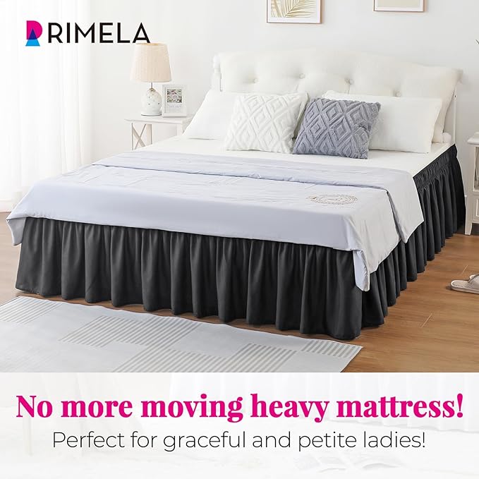 RIMELA Black Bed Skirt King Size 15 Inch Drop, Elastic Bed Skirting for Bed Base and Frame, Bedding Dust Ruffle Easy to Install, Lightweight Wrap Around Adjustable Bedskirt