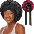 Double Layered Silk Satin Bonnet with Tie for Sleeping Black Women, Wide Band Large Hair Wrap Sleep Cap for Curly Hair Braid