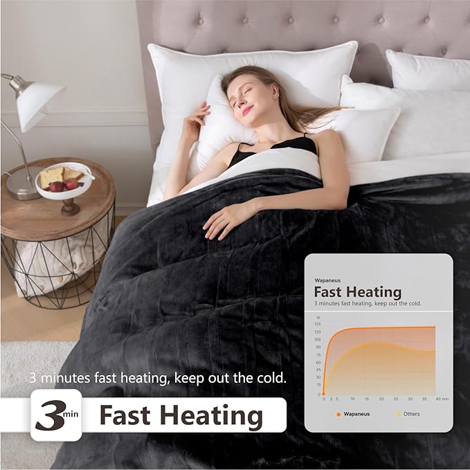 Wapaneus Heated Blanket Electric Blanket 62" x 84" Twin Size with 10 Heating Levels and 12 Hours time Settings, Flannel Fast-Heating Electric Blanket, ETL Listed, Machine Washable, Black