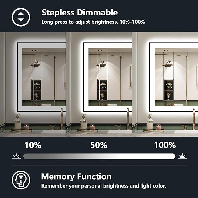 24x30 Inch LED Bathroom Mirror with Lights (Front Lit and Backlit) Black Framed Lighted Vanity Mirror for Bathroom Wall Dimmable Anti-Fog Memory Tempered Glass Horizontal/Vertical