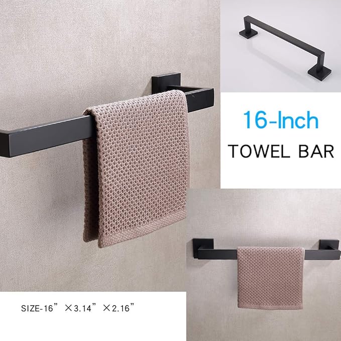 TASTOS 3-Piece Bathroom Hardware Set Matte Black Wall Mounted Bathroom Accessory Set, Premium Stainless Steel Robe Hook Toilet Paper Holder 16-Inch Towel Bar (Black)