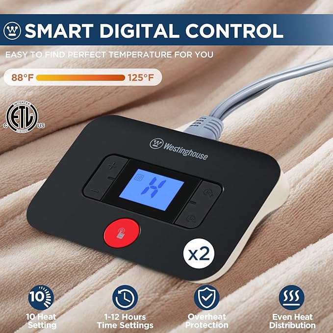 Westinghouse Electric Blanket Queen Size, Super Cozy Soft Flannel 84"" x 90"" Heated Blanket with 10 Fast Heating Levels & 1-12 Auto-Off, Machine Washable, ETL&FCC Certification, Beige