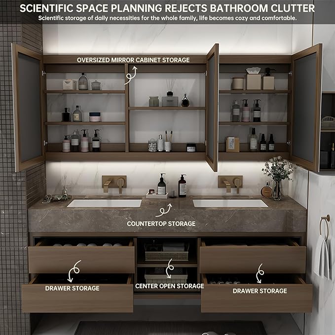 80IN Double Sink Bathroom Vanity, Floating Modern Bathroom Vanity Include Smart Defog Mirror Cabinet with LED Light, Solid Wood Vanities with Integrated Sink and Drawers Storage