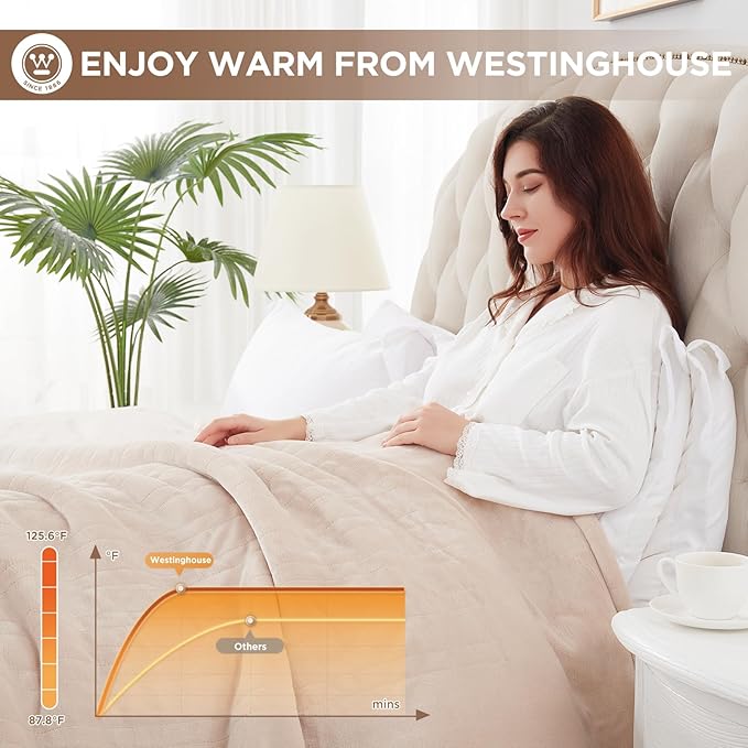 Westinghouse Heated Blanket Queen Size, Electric Heating Blanket with 10 Heating Levels, 1-12 Hours Auto Shut Off, Fast Heating Warming Blanket, Machine Washable(Queen,84x90 Inches,Beige)