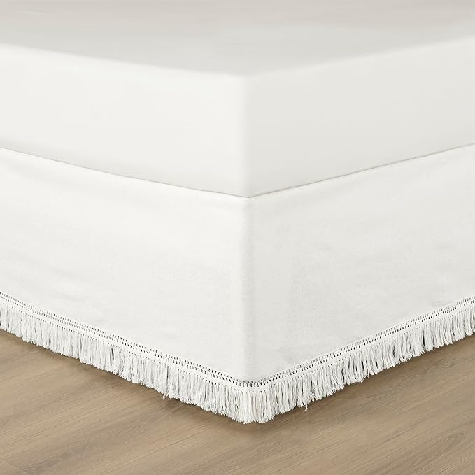 Lush Decor Boho Fringe 15-Inch Tailored Drop Easy Fit Bedskirt, Queen, Pure White
