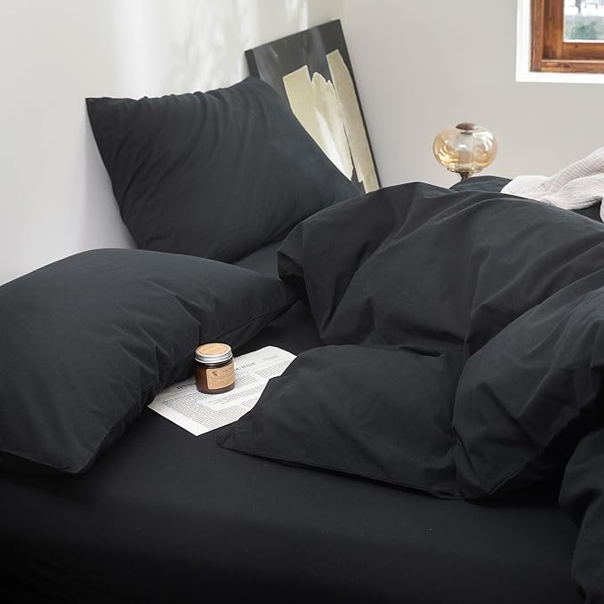 FOSSA Duvet Cover Set 100% Washed Cotton Linen Feel Super Soft Breathable Cozy 3 Pieces Bedding Sets Solid Black Full/Double