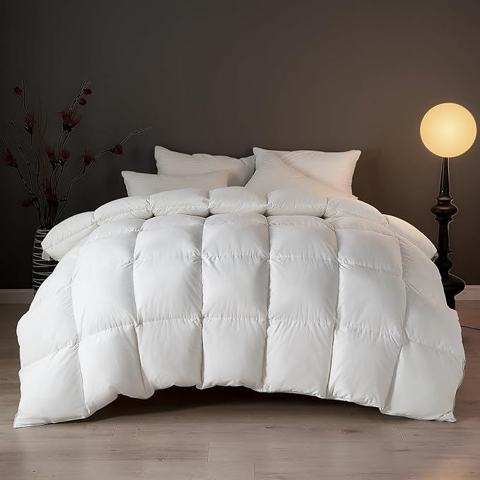 DWR Superior Luxury Feather Down Comforter California King Size, Ultra-Soft Rose-Silk Cotton-Blend Fabric, High FP All Season Medium Warmth Bed Duvet Insert(104"x96", White)