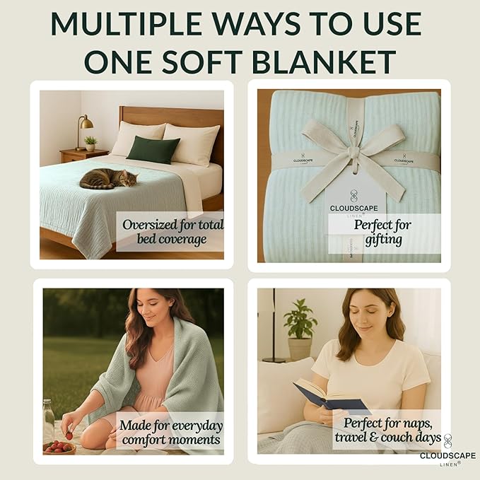 Cloud Scape Linen 8-Layer Muslin Blanket Queen Size - 100% Cotton, Soft and Breathable, Oversized Winter Blanket, Fits up to Full Size Bed, 92x92, Seafoam