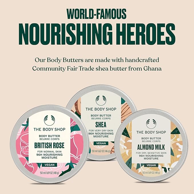 The Body Shop Body Butter Trio - 3 Piece Set, Shea, Almond Milk, British Rose Body Butter, Travel Sizes, Vegan
