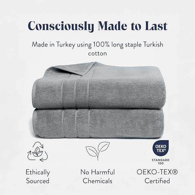 Brooklinen Super-Plush Turkish Cotton Bath Sheets Set of 2 Cotton, 820 GSM, Highly Absorbent, Machine Washable, Perfect for Home & Bathroom (40" x 65"Smoke Gray)