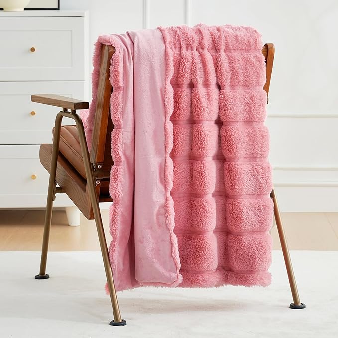 Cozy Bliss Faux Fur Throw Blanket for Couch, Cozy Warm Plush Striped Blanket for Sofa Bedroom Living Room, 50 * 60 Inches Pink