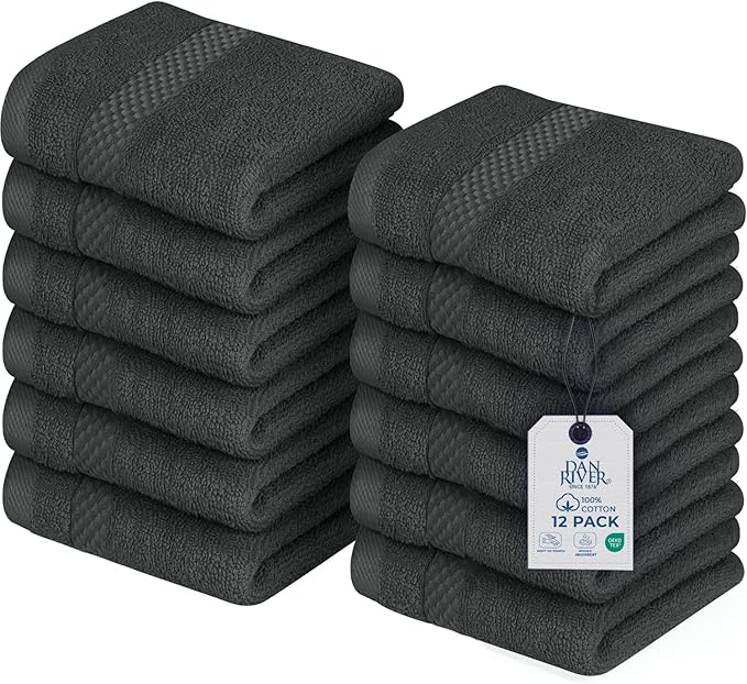 DAN RIVER 12-Pack Premium 100% Cotton Gray Face Towels – Reusable Face Towel Set, Soft & Absorbent Cotton Cloths for Bathroom & Body – Hand and Face Towels, 550 GSM (12x12 in)