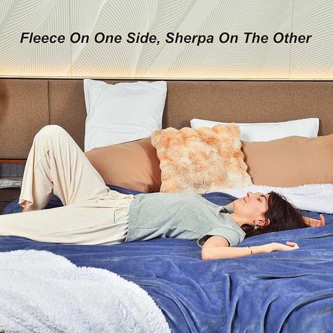 KAWAHOME Sherpa Fleece Throw Blanket for Bed - Extra Warm and Heavy Thick Throw Blankets for Winter, Super Soft 500GSM Plush Blanket, 50"X 60" Washed Blue