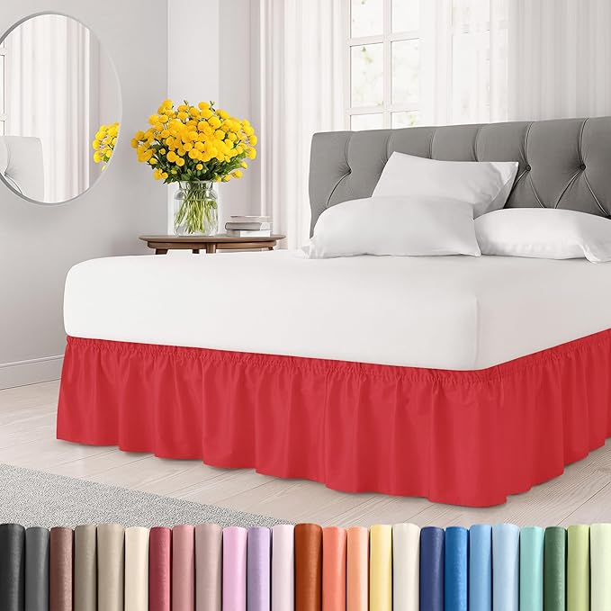 Wrap Around Dust Ruffle Bed Skirt - Red - for King Size Beds with 24 Inch Drop - Easy Fit Elastic Strap - Adjustable Pleated Bedskirt w/Brushed Fabric - Wrinkle Free - for Women, Men, Kids & Teens