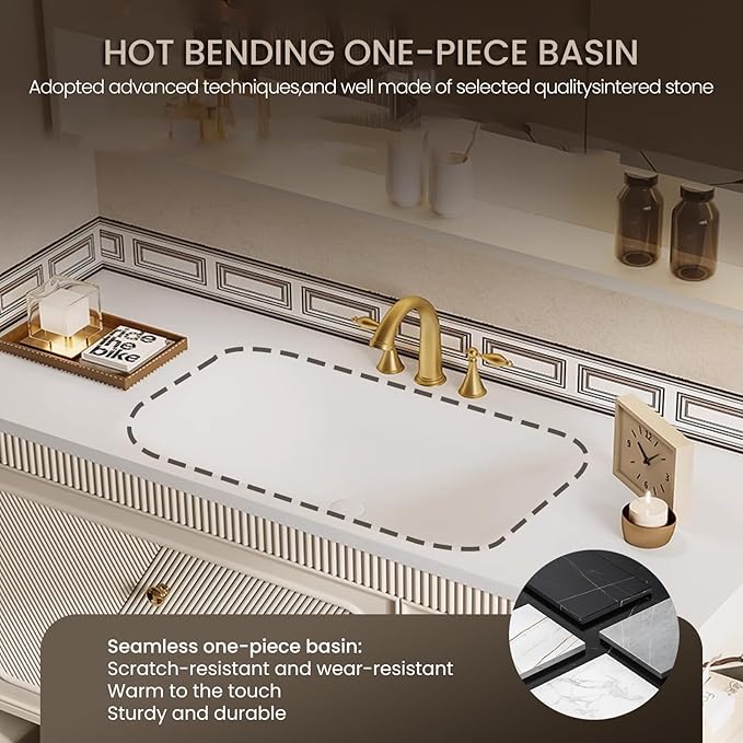 Floating Bathroom Vanity with Sink, Modern Bathroom Vanity with LED Smart Defogging Mirror Cabinet and Open Shelf, Bathroom Sink Cabinet with Striped Glass Door and Drawer Storage (Milk White,52IN)