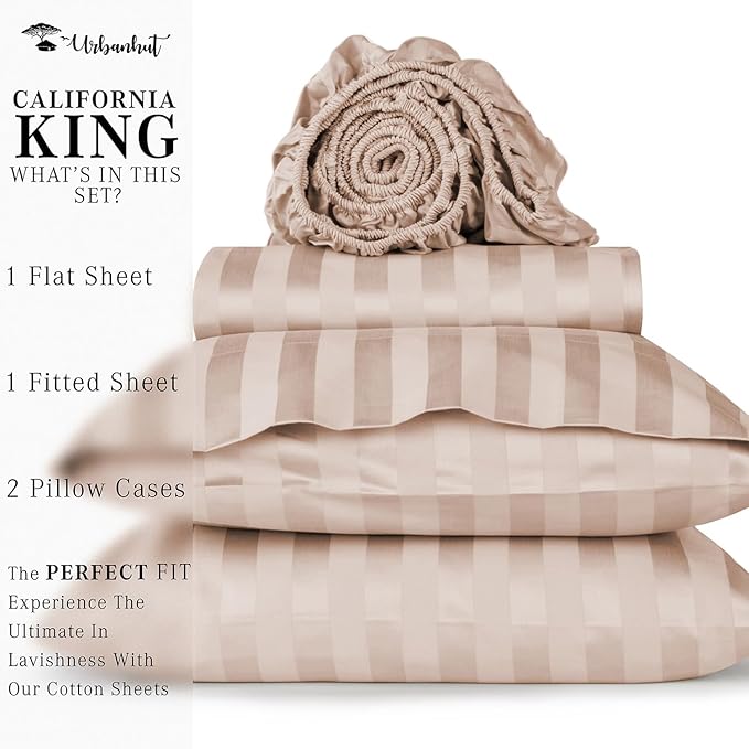 URBANHUT 1000 Thread Count Damask Striped California King Size Egyptian Cotton Sheets, Long Staple Soft & Breathable, 4 Pc Bed Sheet Sets, Luxury Hotel Sateen Sheets Fits 16" Deep Pocket - Blush Pink