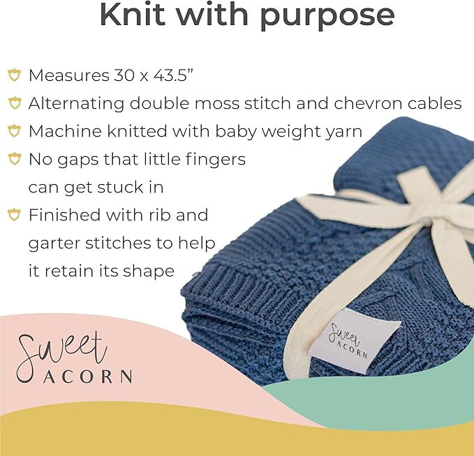Knit Baby Blanket in Cable Pattern, Organic Cotton Blankets for Crib or Stroller, Receiving Blankets - Bay Blue