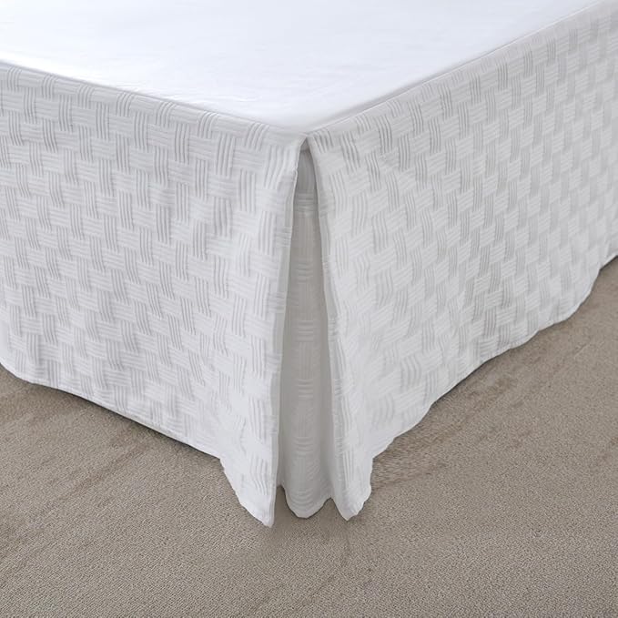 Queen Size Bed Skirt, Pleated Knitted Jacquard Waffle Weave Striped Bed Skirt, Tailored Dust Ruffle 14 Inch Drop Easy Fit, Machine Washable (White, Queen - 14" Drop)