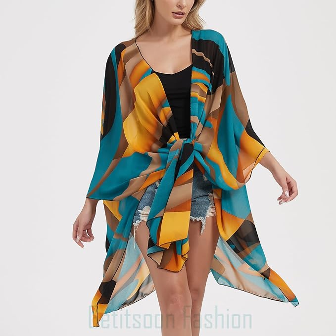 Women's Bohemian Floral Chiffon Beach Cover up Swimsuit Kimono Summer Swimwear Cardigans
