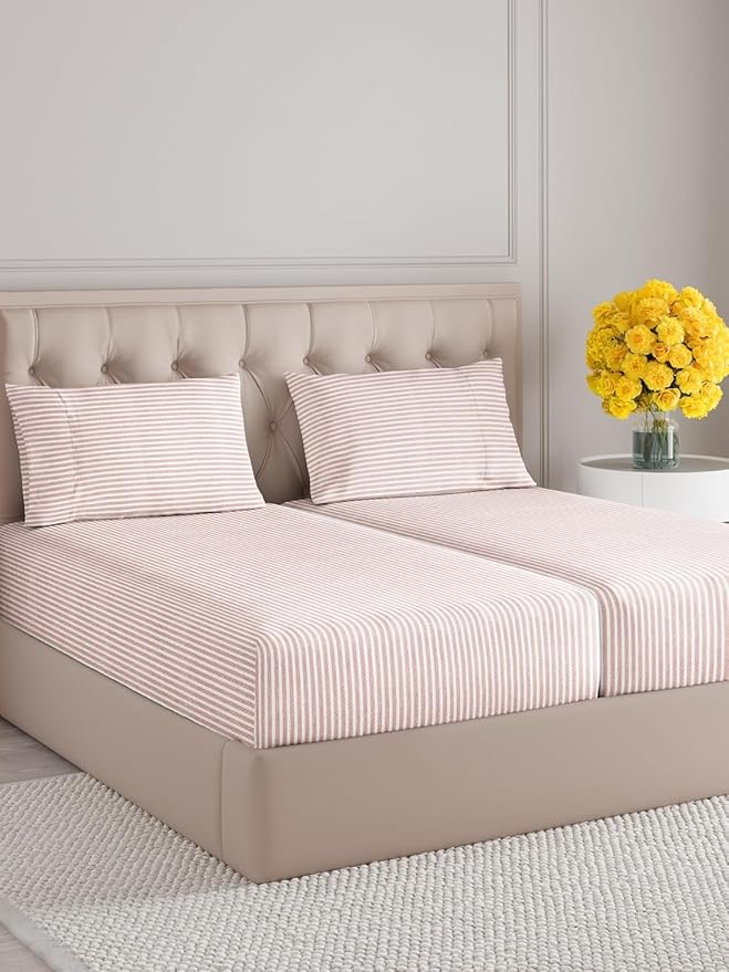 Split King Size 5 Piece Sheet Set - Extra Soft, Breathable & Cooling Sheets - Hotel Luxury Bed Sheets for Women & Men - Deep Pockets, Easy-Fit & Wrinkle-Free Sheets - Blush Stripes Oeko-Tex Bed Sheets
