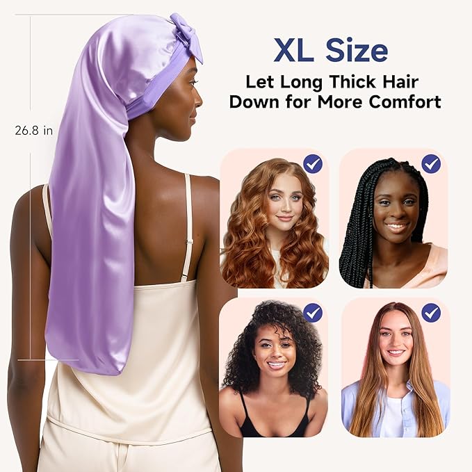 Umisleep 22 Momme Mulberry Silk Bonnet for Sleeping Women, Untangled Hair Care Bonnet, Extra Long for Curls & Braids - Lays Flat for Styling, Double Layer Hair Wrap with Soft Adjustable Tie, Lavender