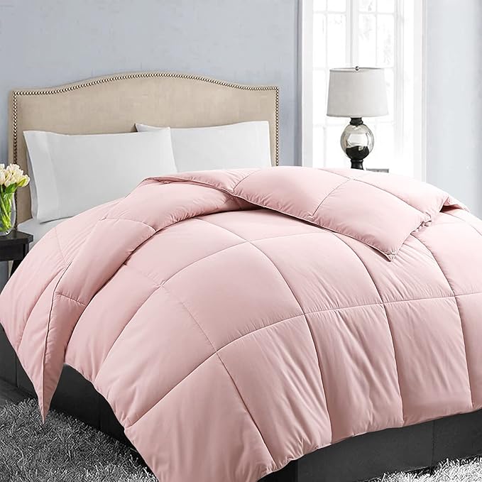 EASELAND Queen Size Down Alternative Comforter - Quilted Duvet Insert for All Seasons, Soft Lightweight with Corner Tabs, Summer Winter Warm Bedding, Pink 88×88 Inches