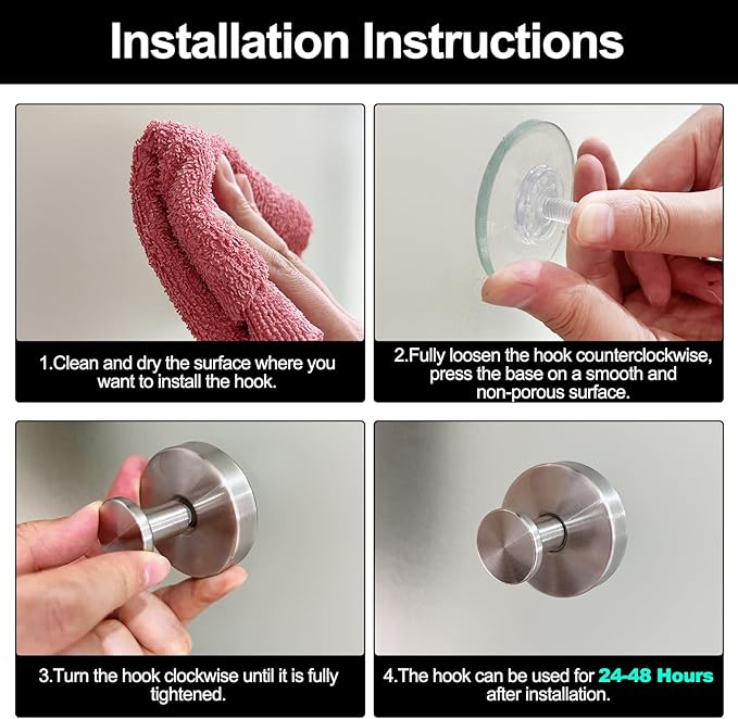 2 Pack Suction Cup Hooks for Shower, Suction Cup Towel Hooks for Bathrooms, Adhesive Wall Hook, SUS304 Waterproof Stainless Steel Hooks for Bathroom, Bedroom, Kitchen, Hotel and Office