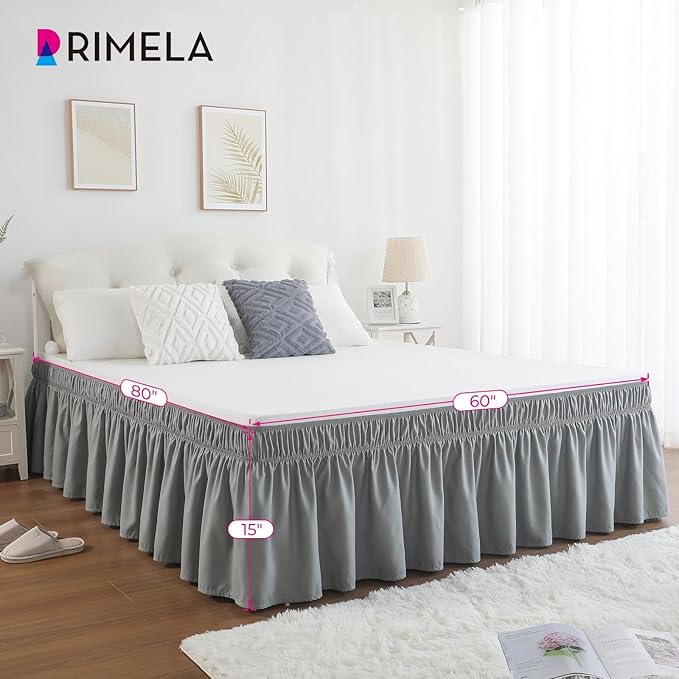RIMELA Bed Skirt Full Size Silver Grey Bed Skirt 15 Inch Drop, Wrap Around Elastic Adjustable Bedskirt, Dust Ruffle for Bed Frame & Box Spring Soft Durable Fabric Machine Washable Easy to Install
