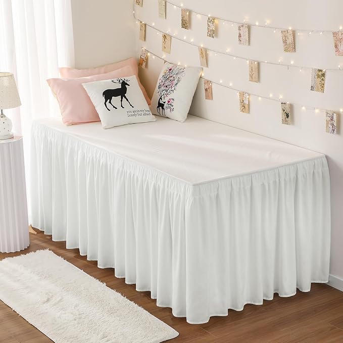 RIMELA Dorm Bed Skirt Twin XL 32 Inch Drop, Easy to Install Extra Long Wrap Around Elastic Dust Ruffle, Warm White Bedskirt Solid Silky Fabric Machine Washable (Twin XL 80“L x 39”W & Twin 75“L x 39”W)